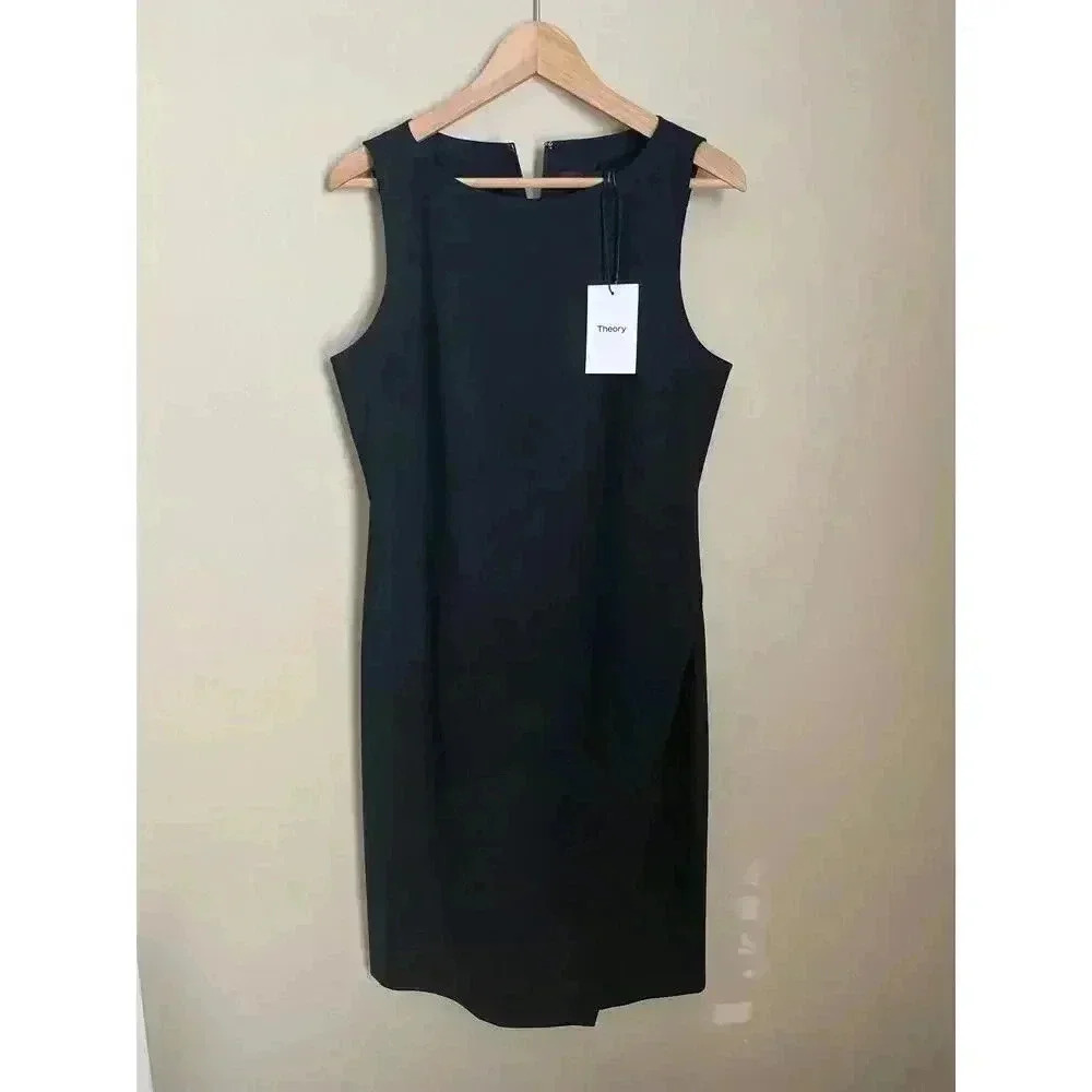 Theory Wrap-Effect Shift Dress in Good Wool Black Size 8‎
